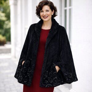 CHAYES vintage black embroidered cape coat open front velet/velour feel.  Size P